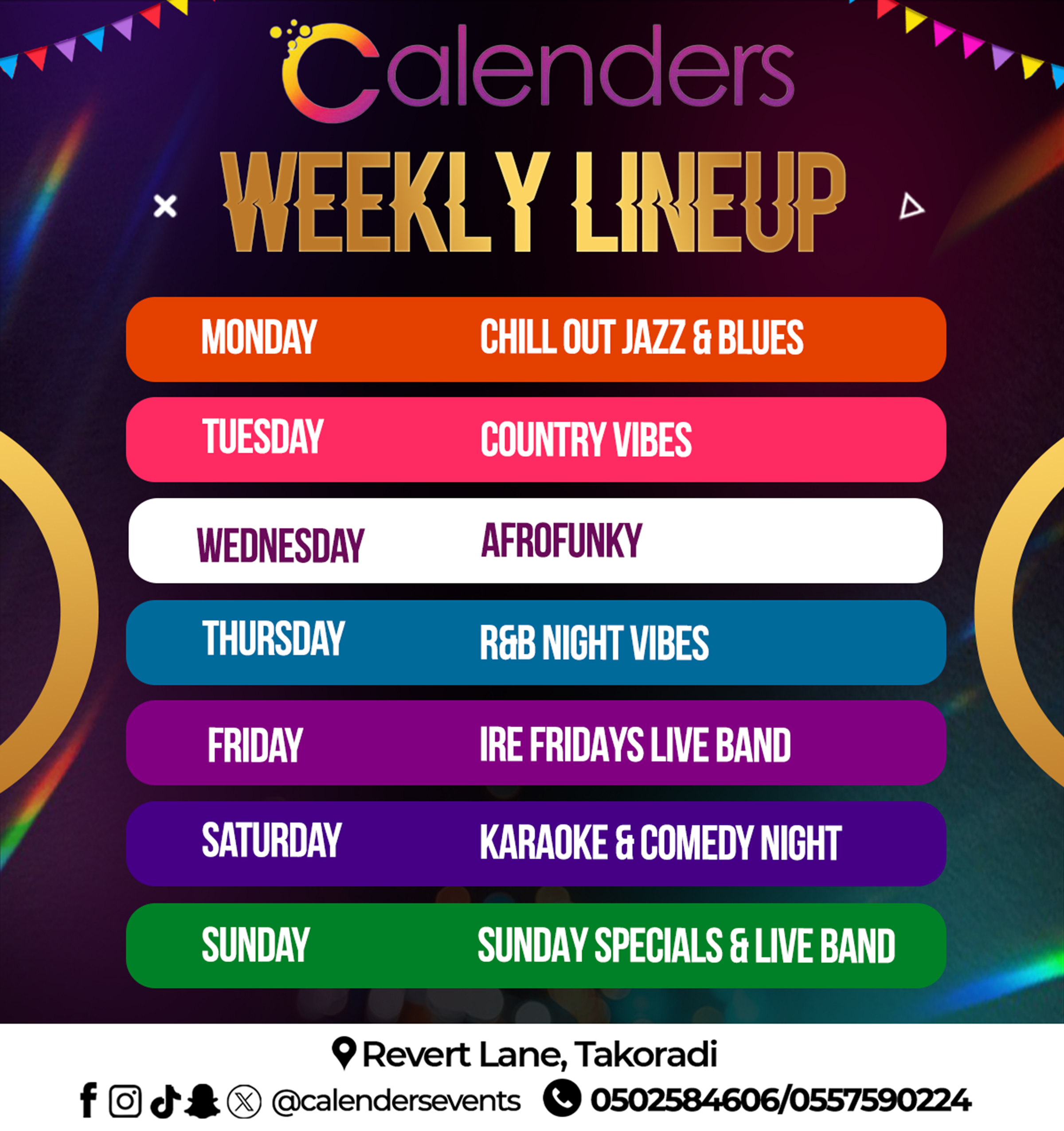 Official CalendersGH weekly lineup flyer for live entertainment in Takoradi